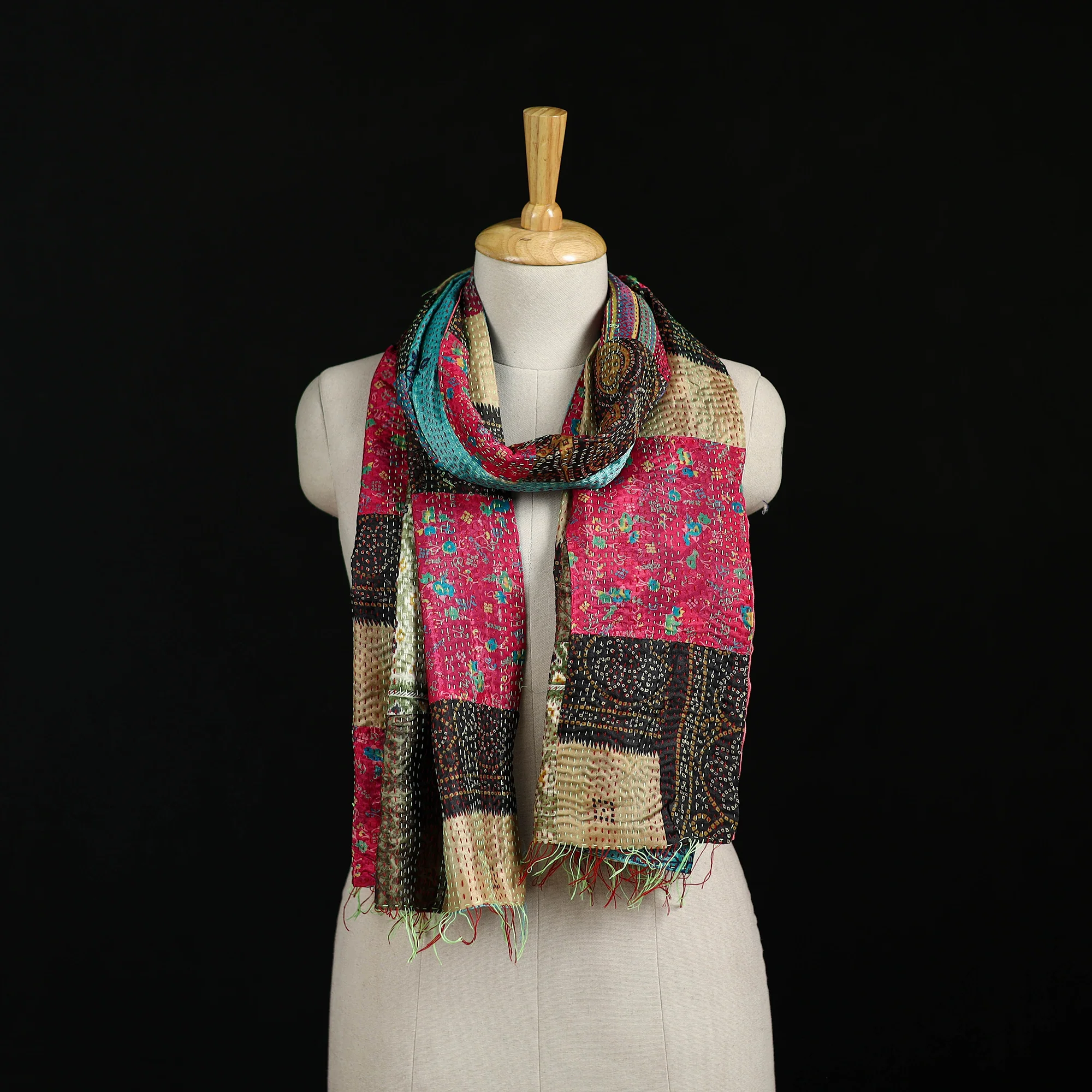 Bengal Kantha Handwork Patchwork Reversible Silk Stole 175