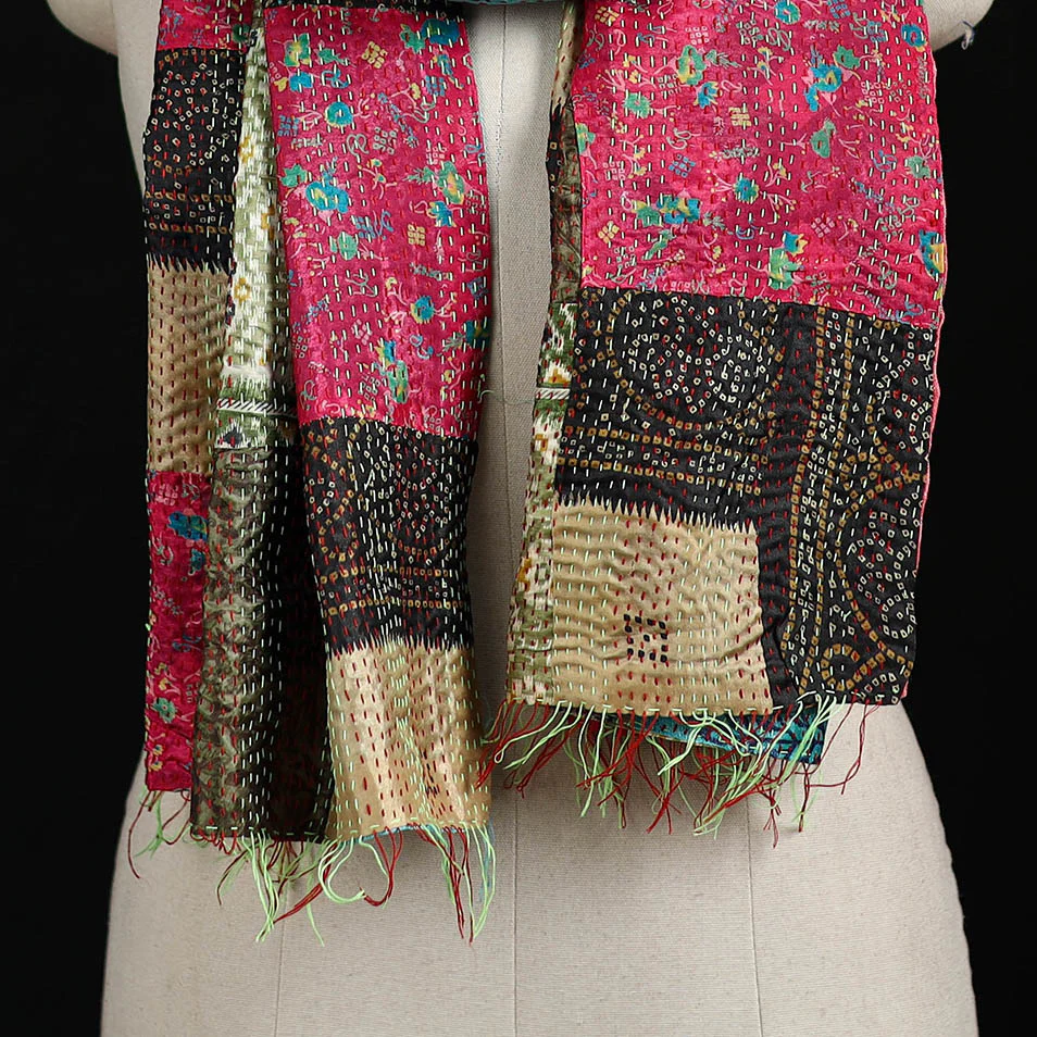 Bengal Kantha Handwork Patchwork Reversible Silk Stole 175 - Image 2