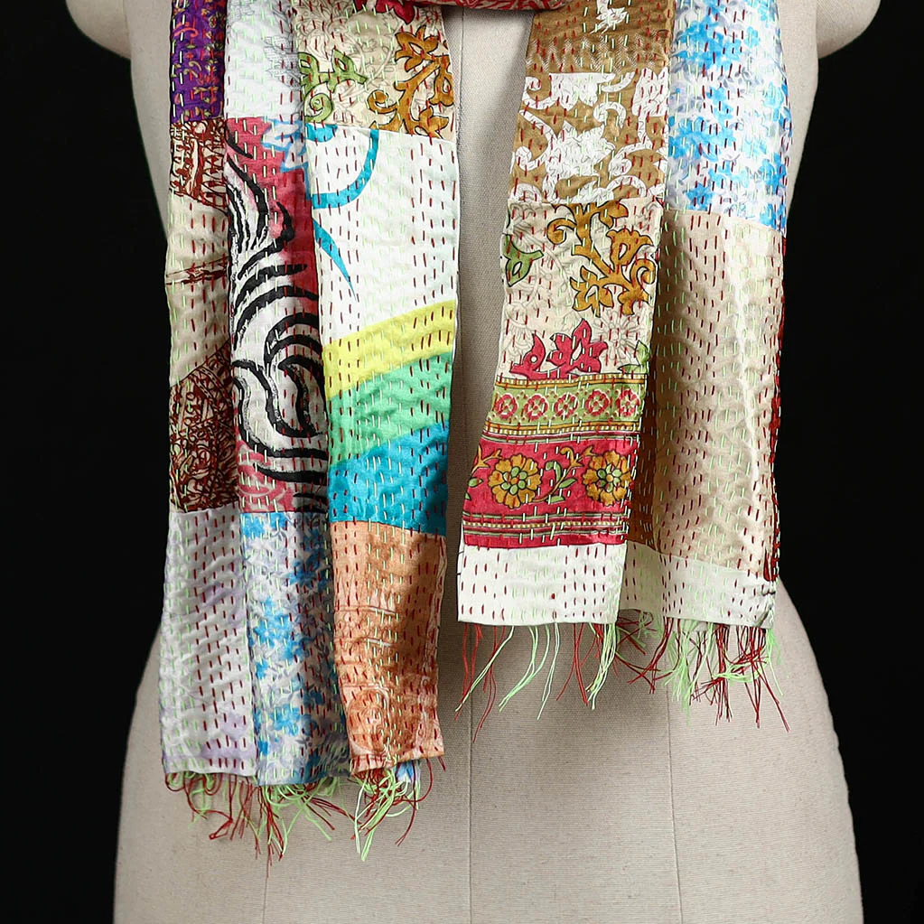 Bengal Kantha Handwork Patchwork Reversible Silk Stole 178 - Image 2