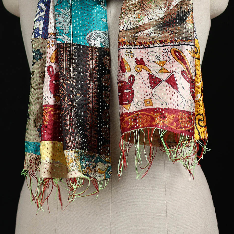 Bengal Kantha Handwork Patchwork Reversible Silk Stole 179 - Image 2