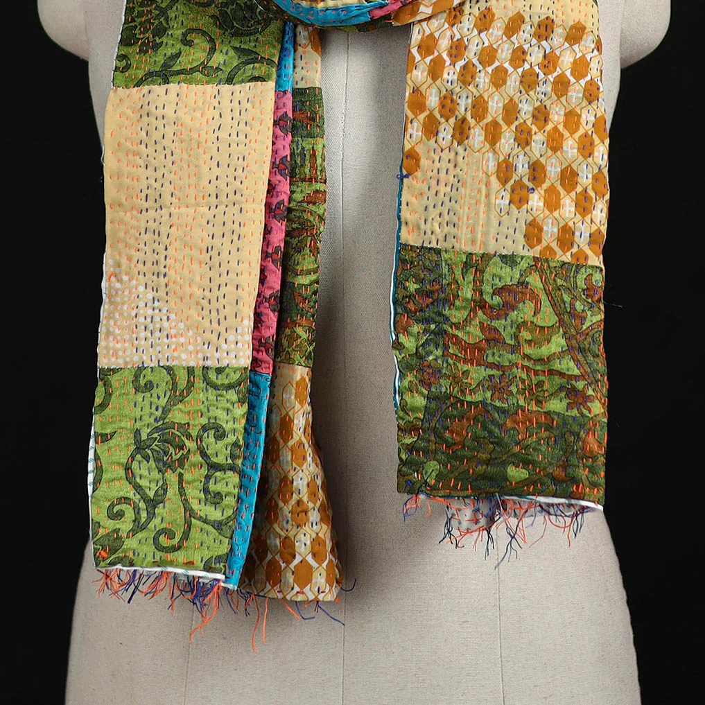 Bengal Kantha Handwork Patchwork Reversible Silk Stole 18 - Image 2