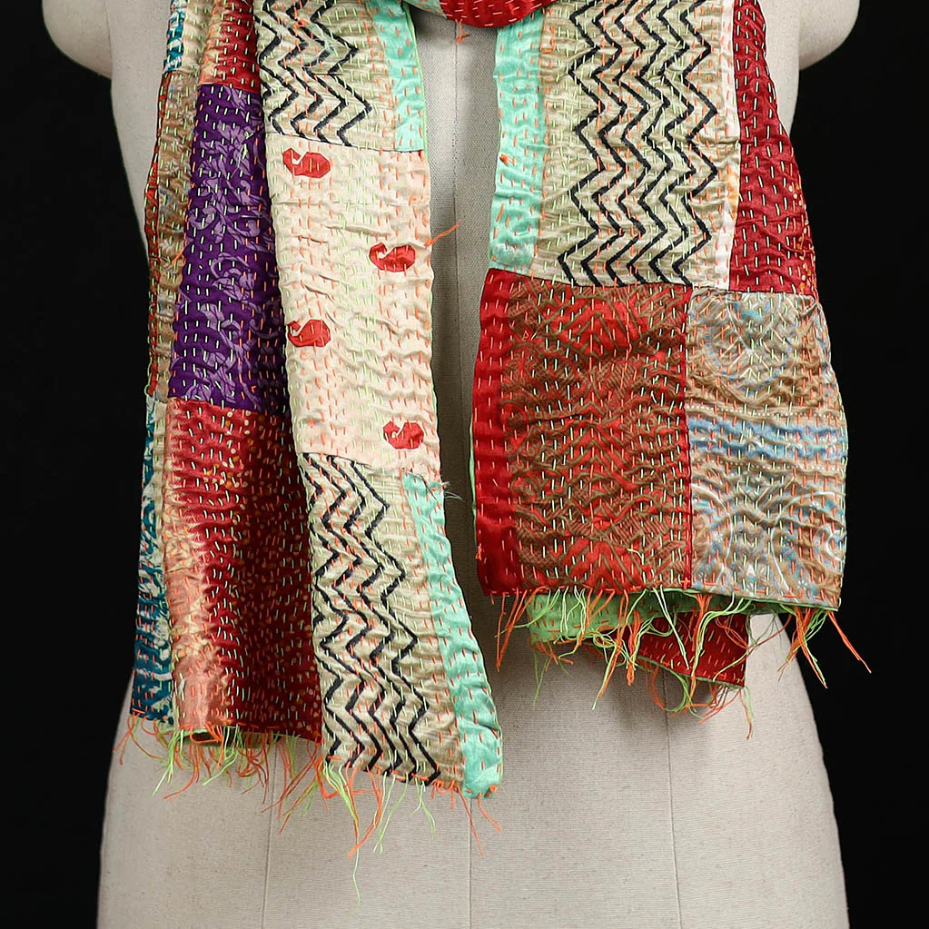 Bengal Kantha Handwork Patchwork Reversible Silk Stole 182 - Image 2