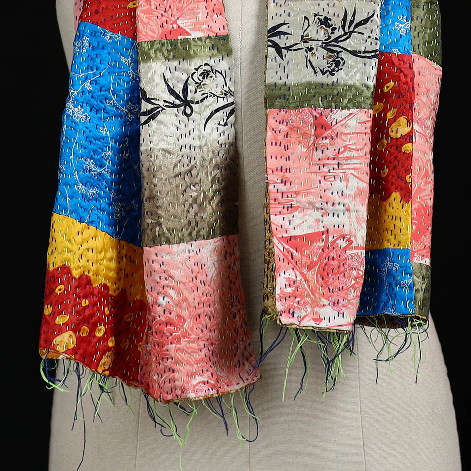 Bengal Kantha Handwork Patchwork Reversible Silk Stole 184 - Image 2
