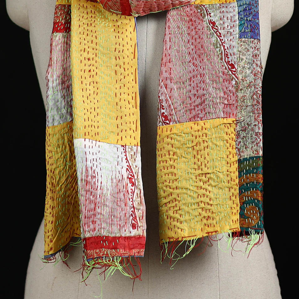 Bengal Kantha Handwork Patchwork Reversible Silk Stole 186 - Image 2