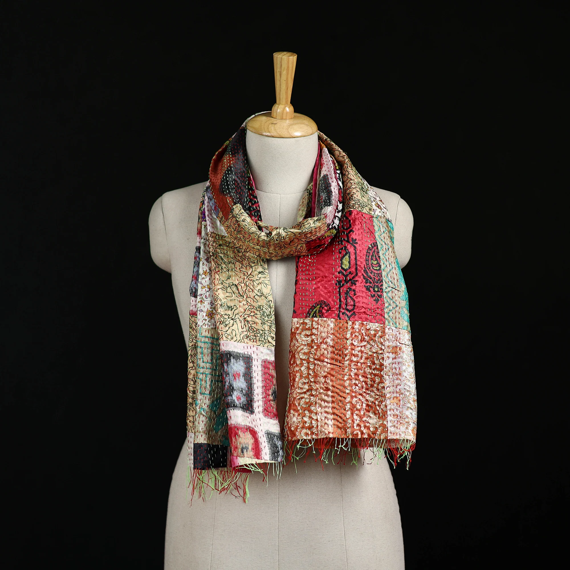 Bengal Kantha Handwork Patchwork Reversible Silk Stole 187
