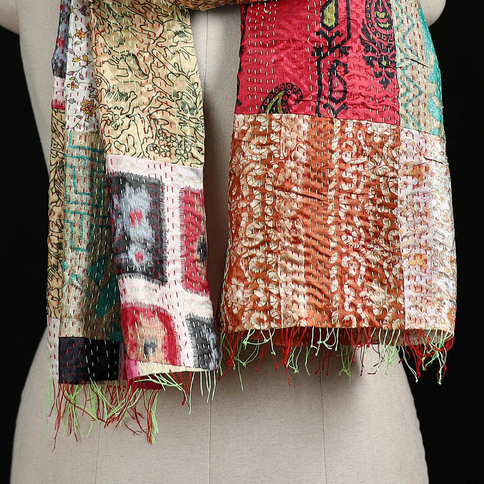 Bengal Kantha Handwork Patchwork Reversible Silk Stole 187 - Image 2