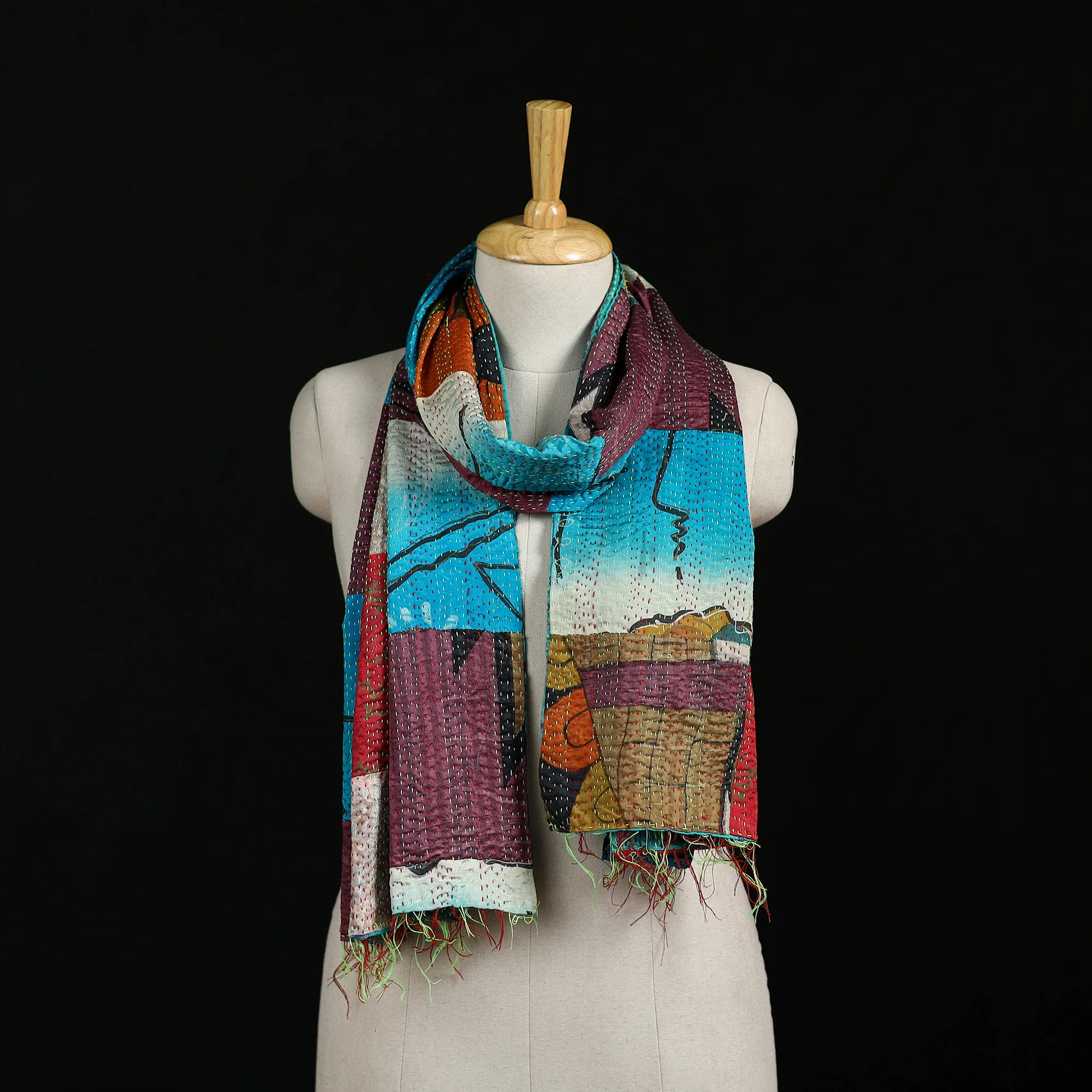 Bengal Kantha Handwork Patchwork Reversible Silk Stole 189