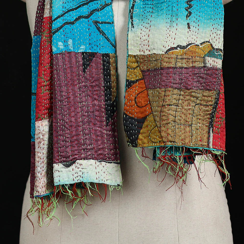 Bengal Kantha Handwork Patchwork Reversible Silk Stole 189 - Image 2