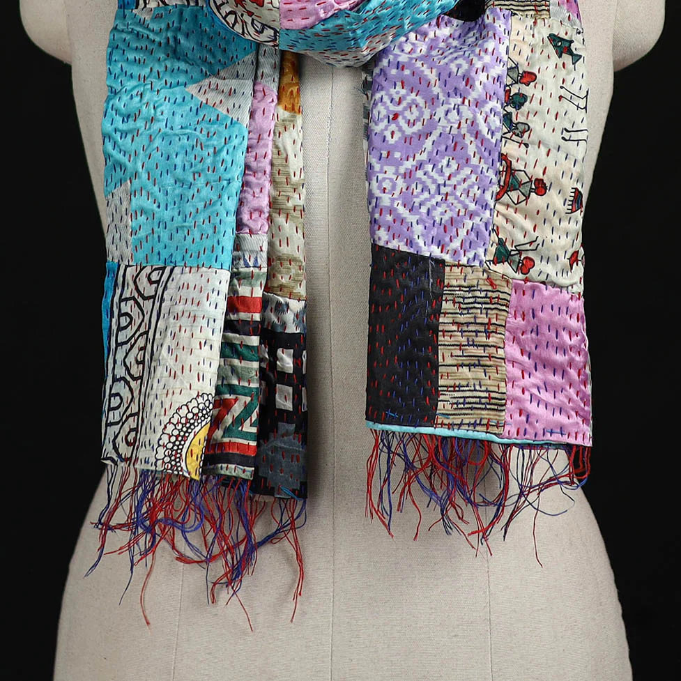 Bengal Kantha Handwork Patchwork Reversible Silk Stole 19 - Image 2