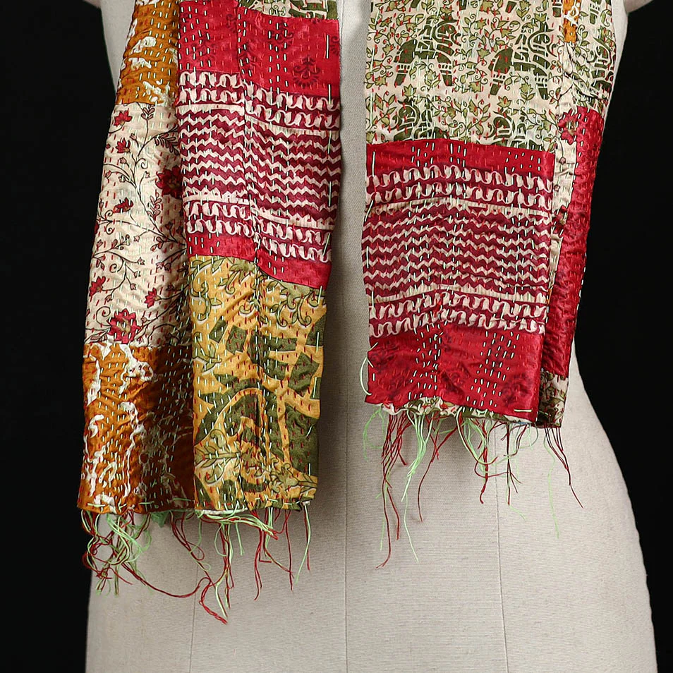 Bengal Kantha Handwork Patchwork Reversible Silk Stole 190 - Image 2