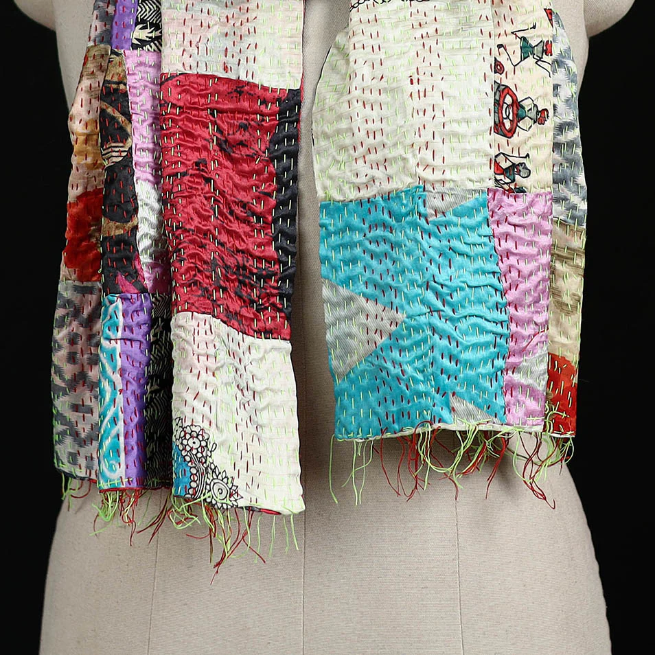 Bengal Kantha Handwork Patchwork Reversible Silk Stole 192 - Image 2