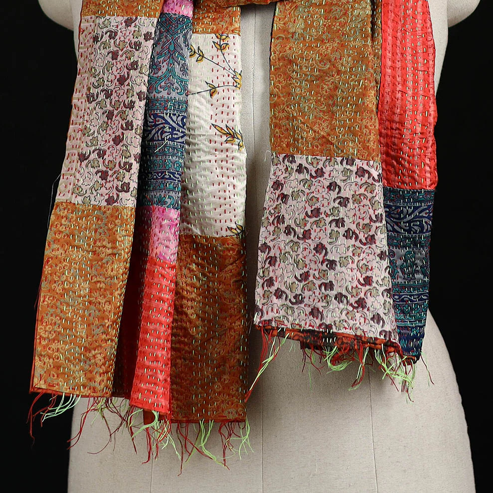 Bengal Kantha Handwork Patchwork Reversible Silk Stole 196 - Image 2