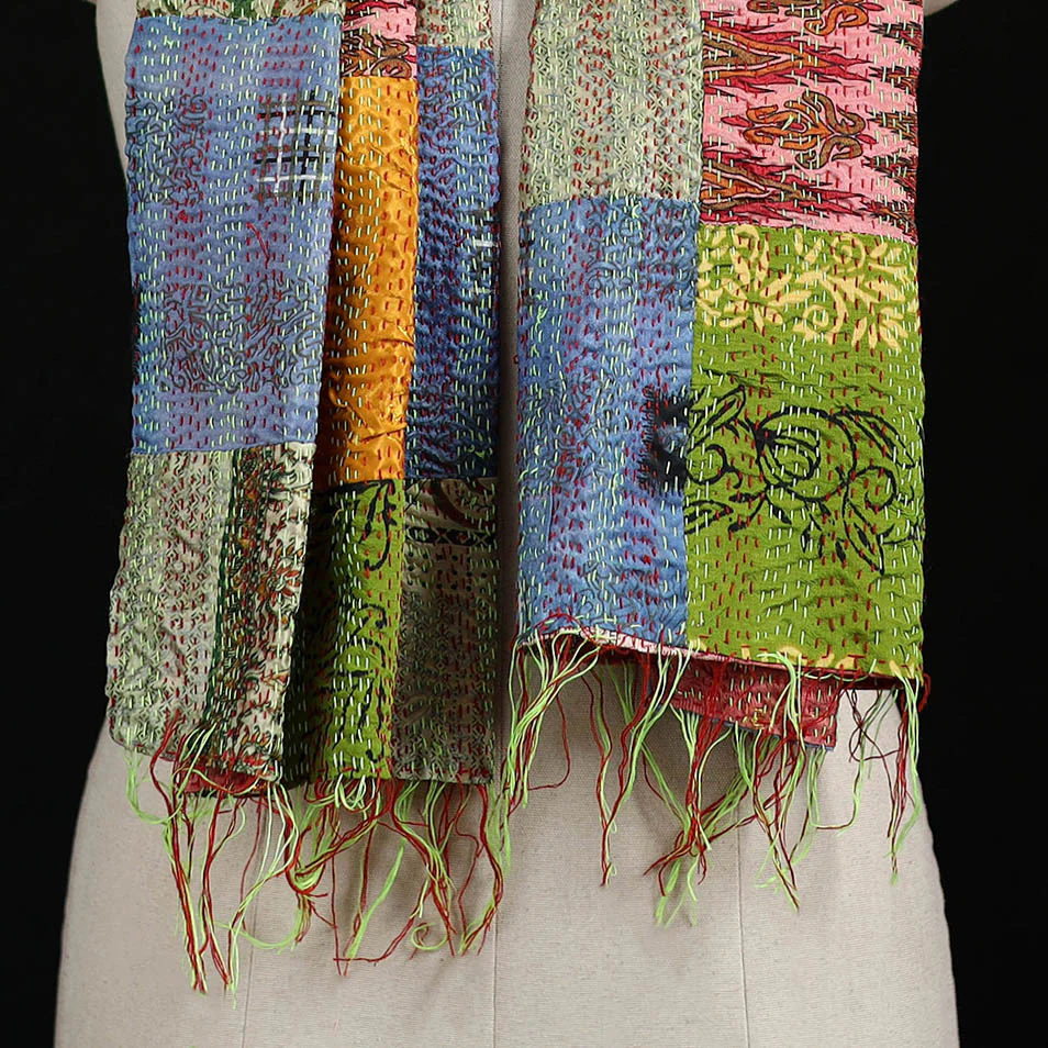 Bengal Kantha Handwork Patchwork Reversible Silk Stole 201 - Image 2