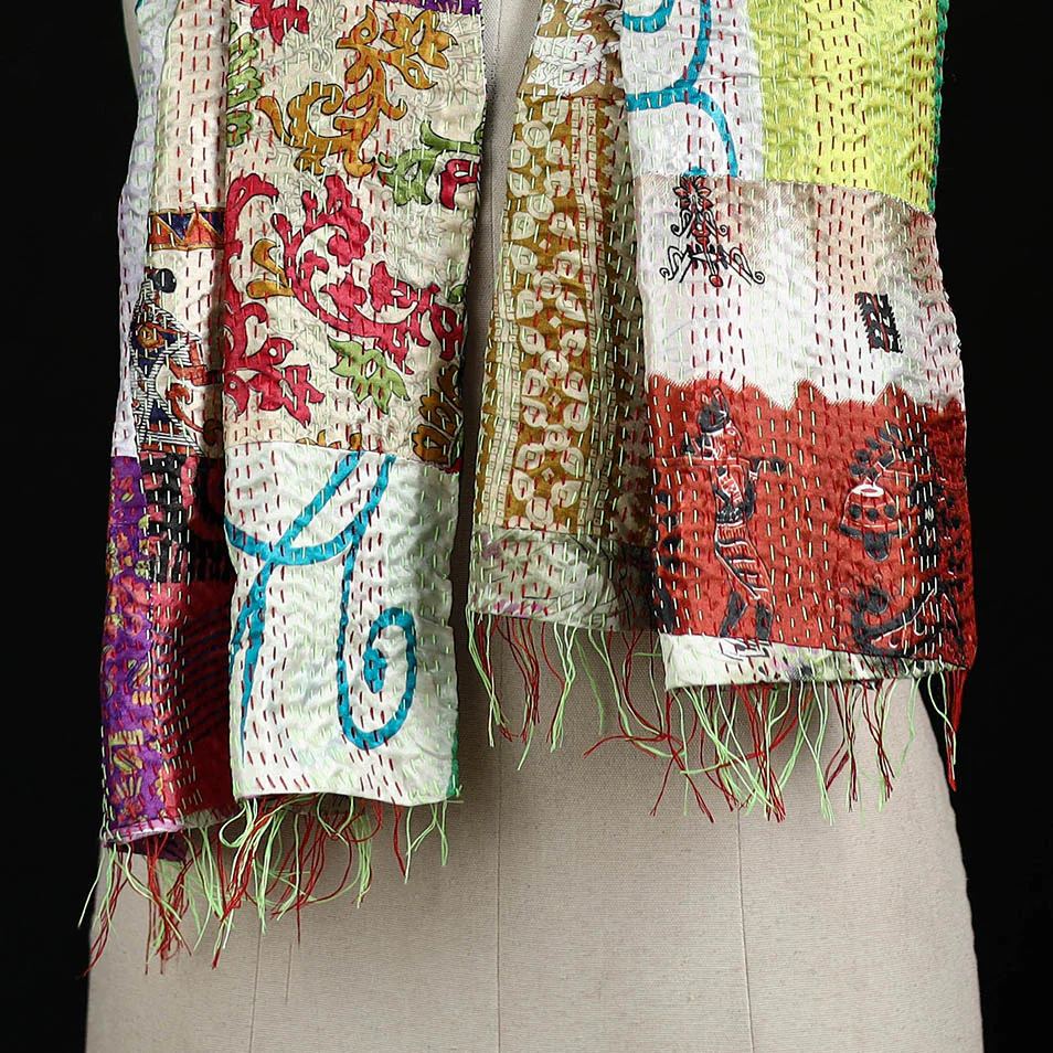 Bengal Kantha Handwork Patchwork Reversible Silk Stole 202 - Image 2