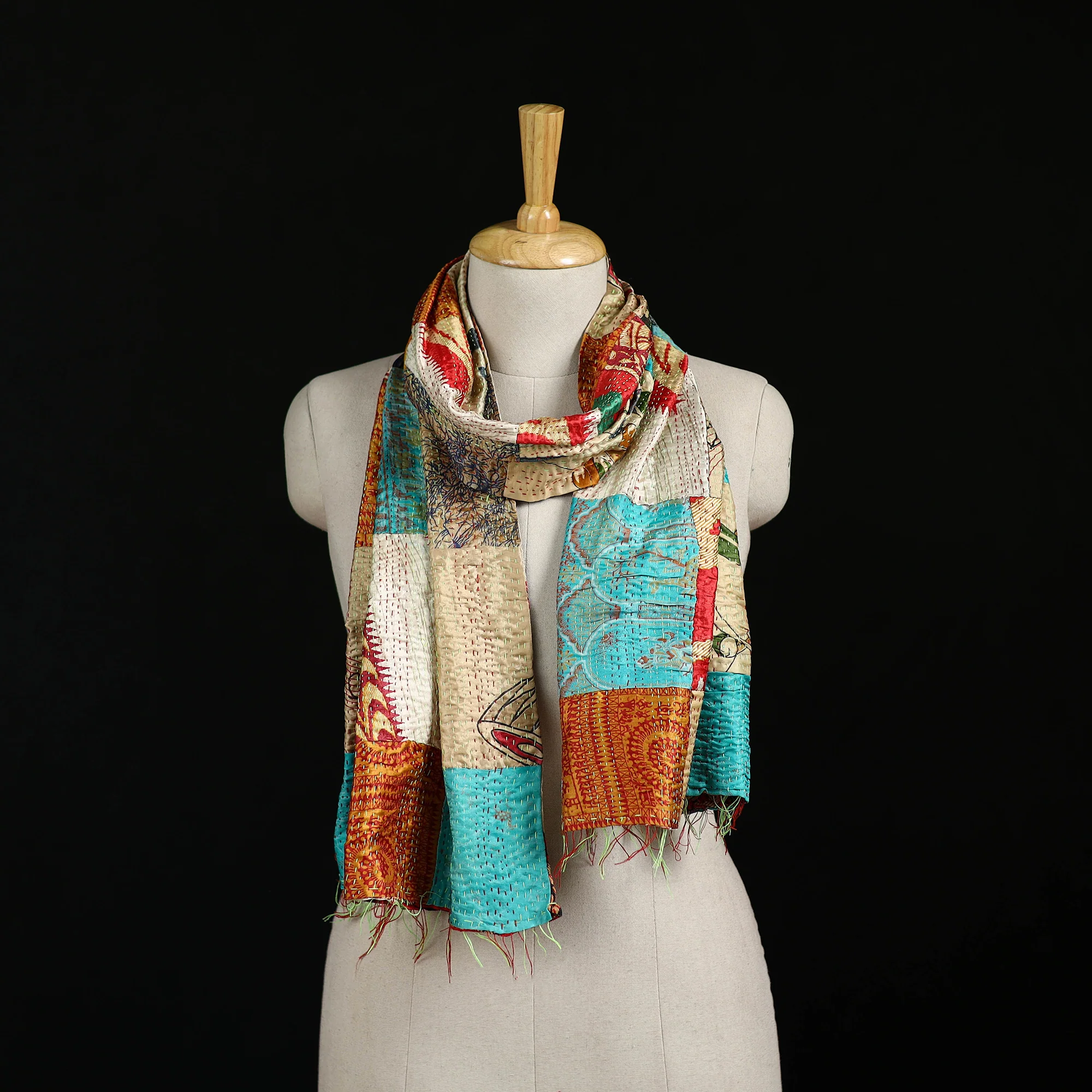 Bengal Kantha Handwork Patchwork Reversible Silk Stole 203