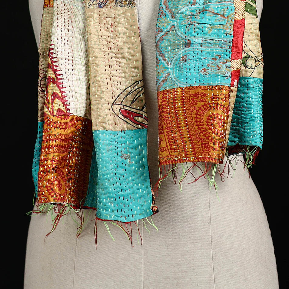 Bengal Kantha Handwork Patchwork Reversible Silk Stole 203 - Image 2