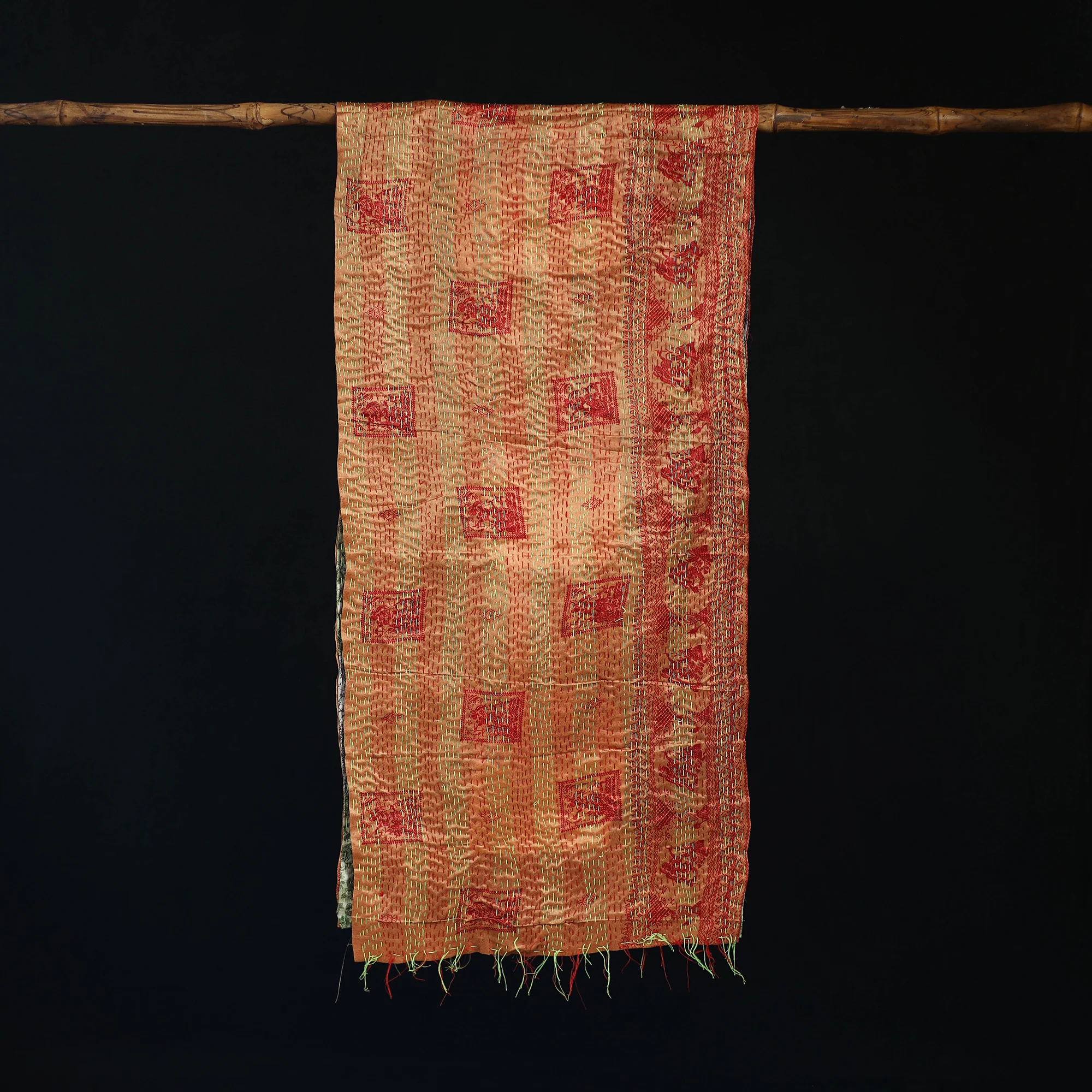Bengal Kantha Handwork Patchwork Reversible Silk Stole 204 - Image 3