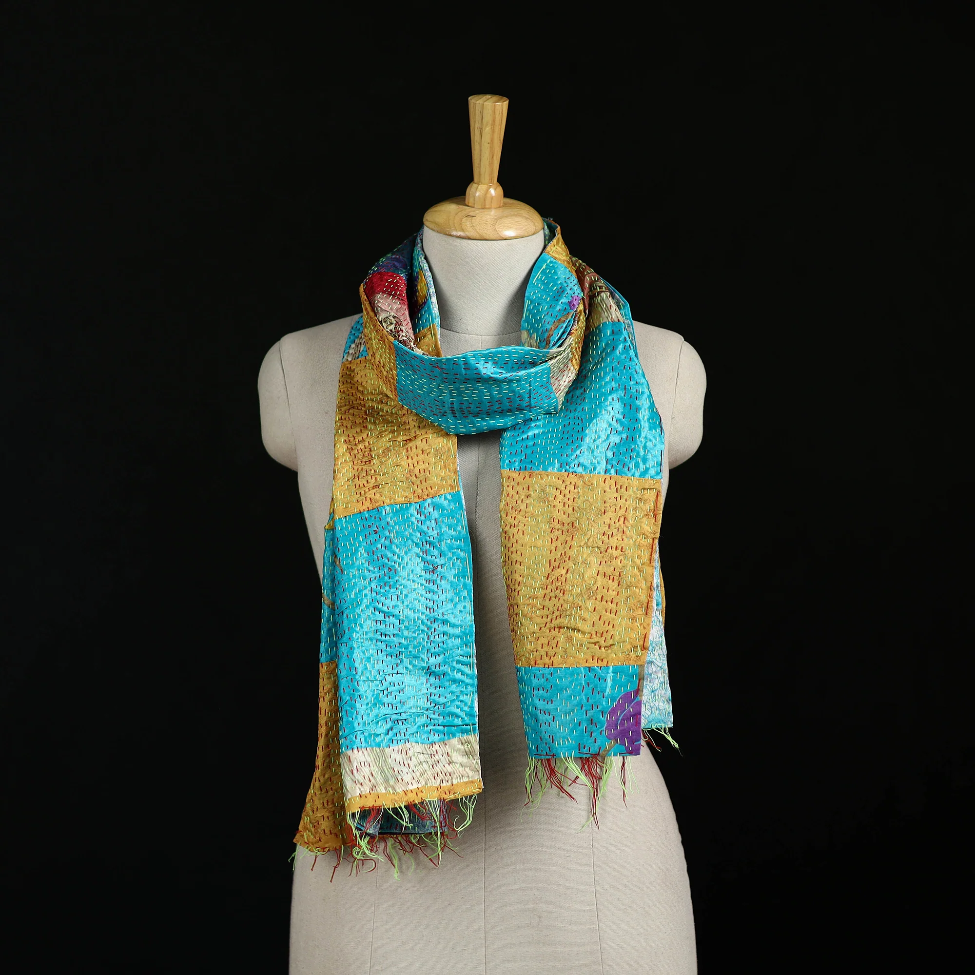 Bengal Kantha Handwork Patchwork Reversible Silk Stole 206