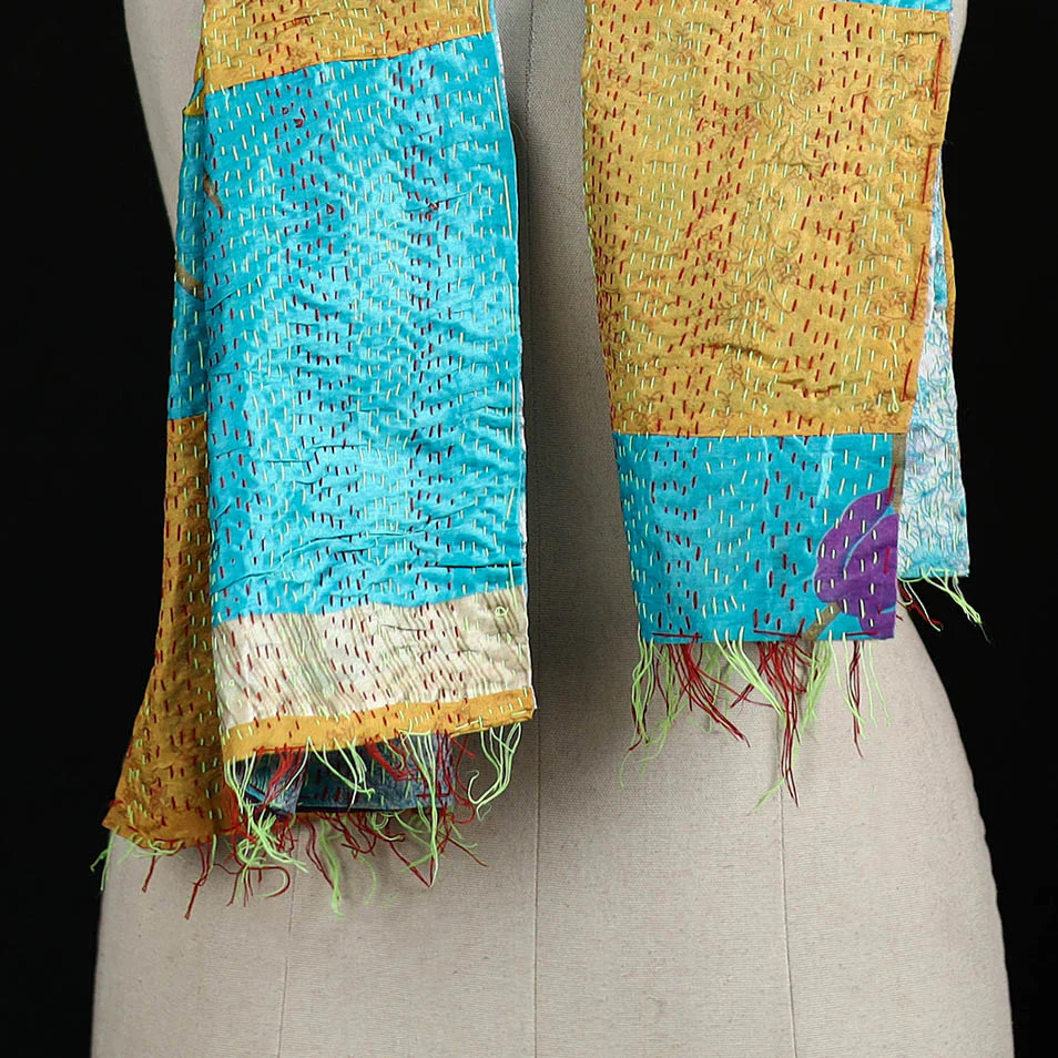 Bengal Kantha Handwork Patchwork Reversible Silk Stole 206 - Image 2