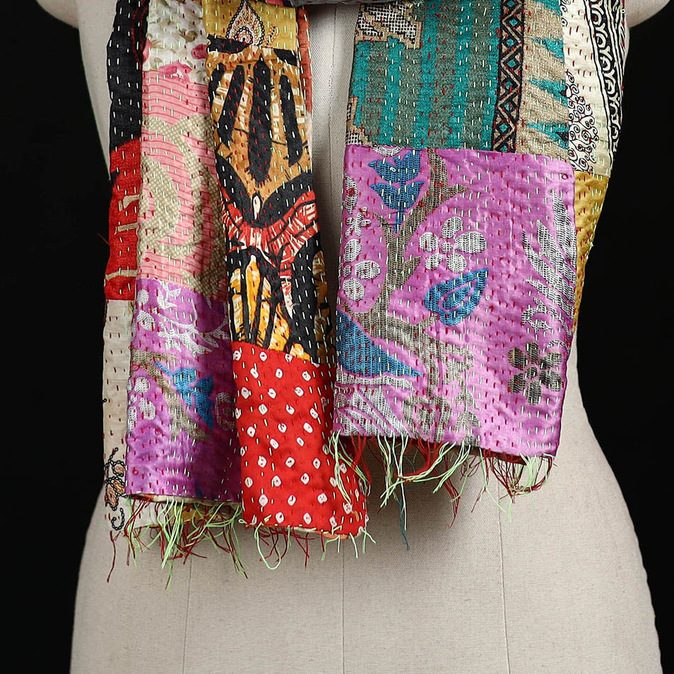 Bengal Kantha Handwork Patchwork Reversible Silk Stole 207 - Image 2