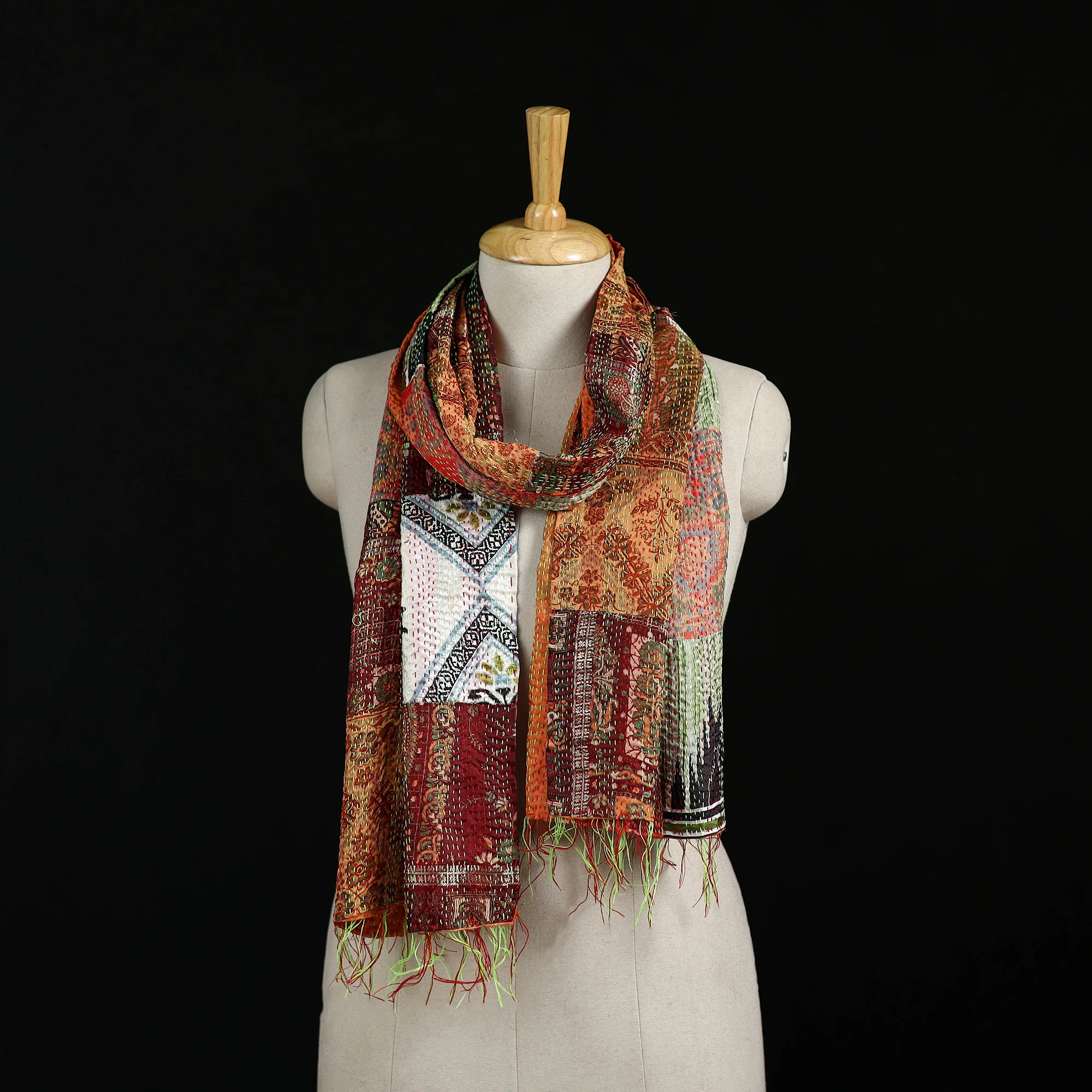 Bengal Kantha Handwork Patchwork Reversible Silk Stole 209