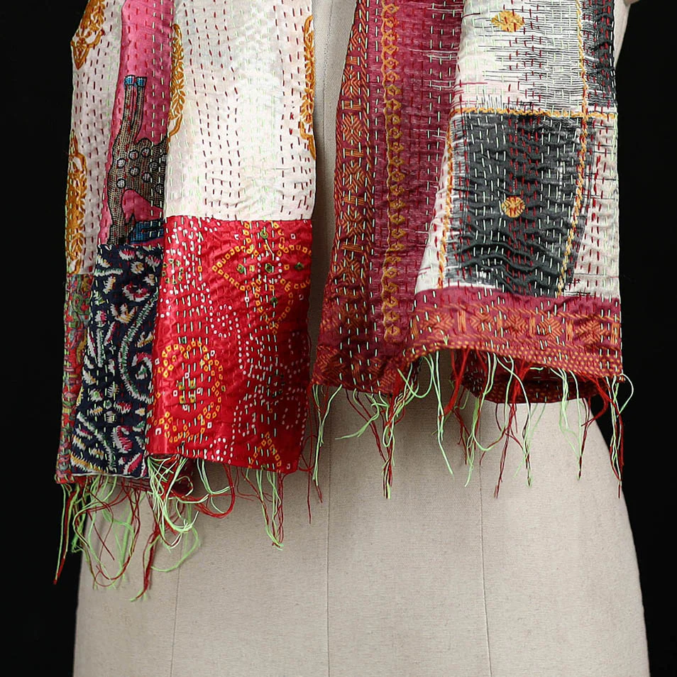 Bengal Kantha Handwork Patchwork Reversible Silk Stole 210 - Image 2