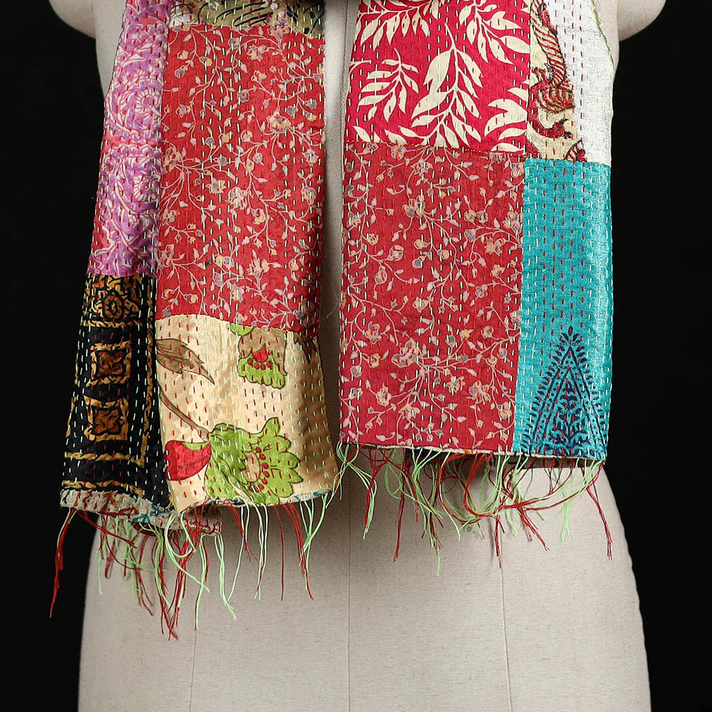 Bengal Kantha Handwork Patchwork Reversible Silk Stole 219 - Image 2