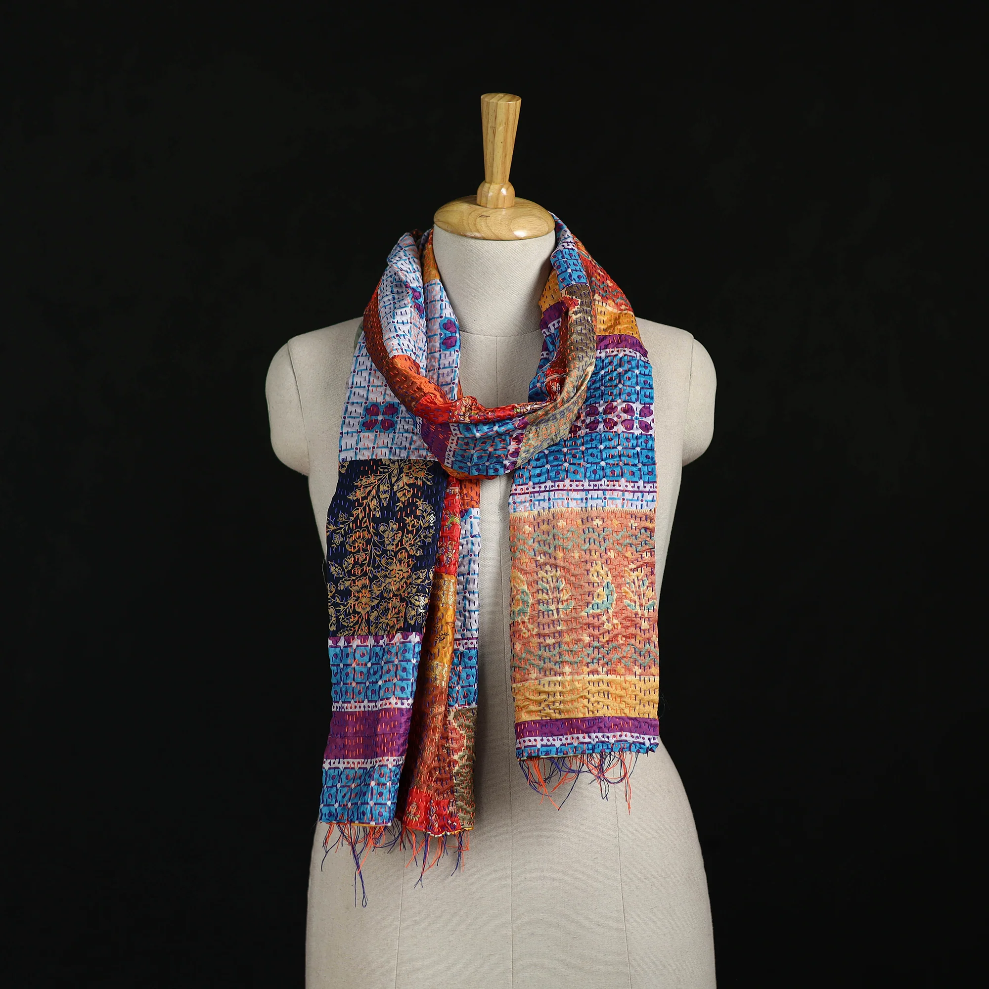 Bengal Kantha Handwork Patchwork Reversible Silk Stole 22
