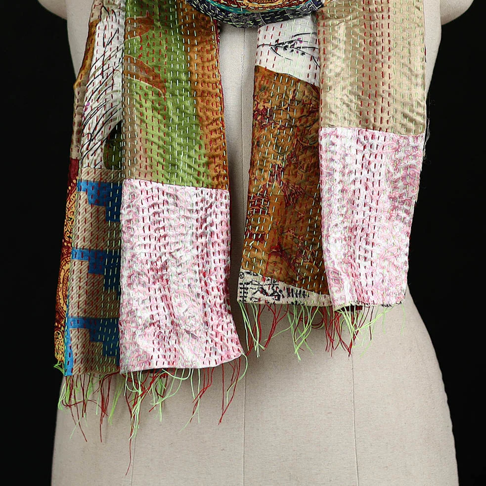 Bengal Kantha Handwork Patchwork Reversible Silk Stole 220 - Image 2