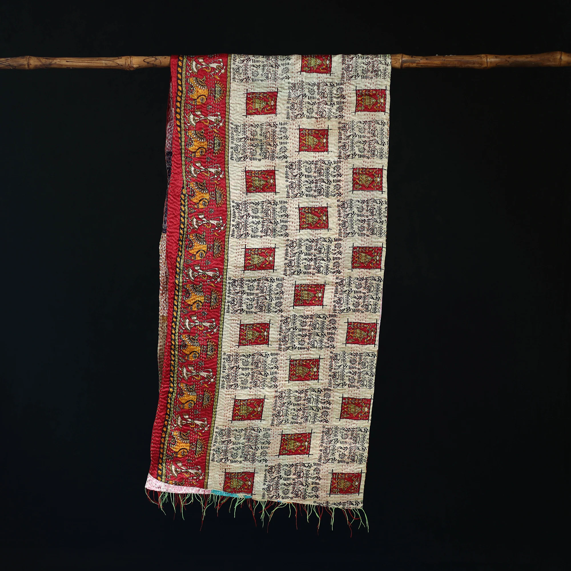 Bengal Kantha Handwork Patchwork Reversible Silk Stole 220 - Image 3