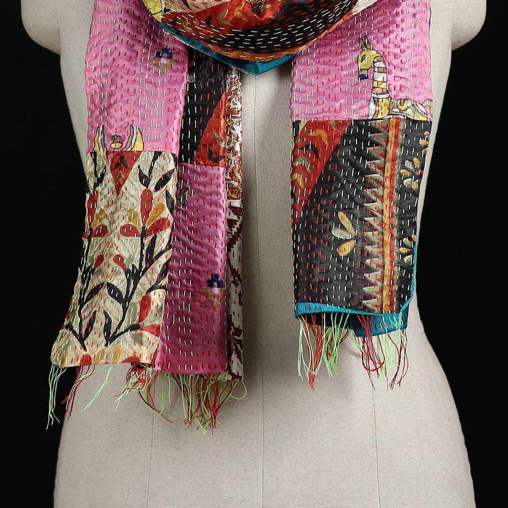 Bengal Kantha Handwork Patchwork Reversible Silk Stole 221 - Image 2