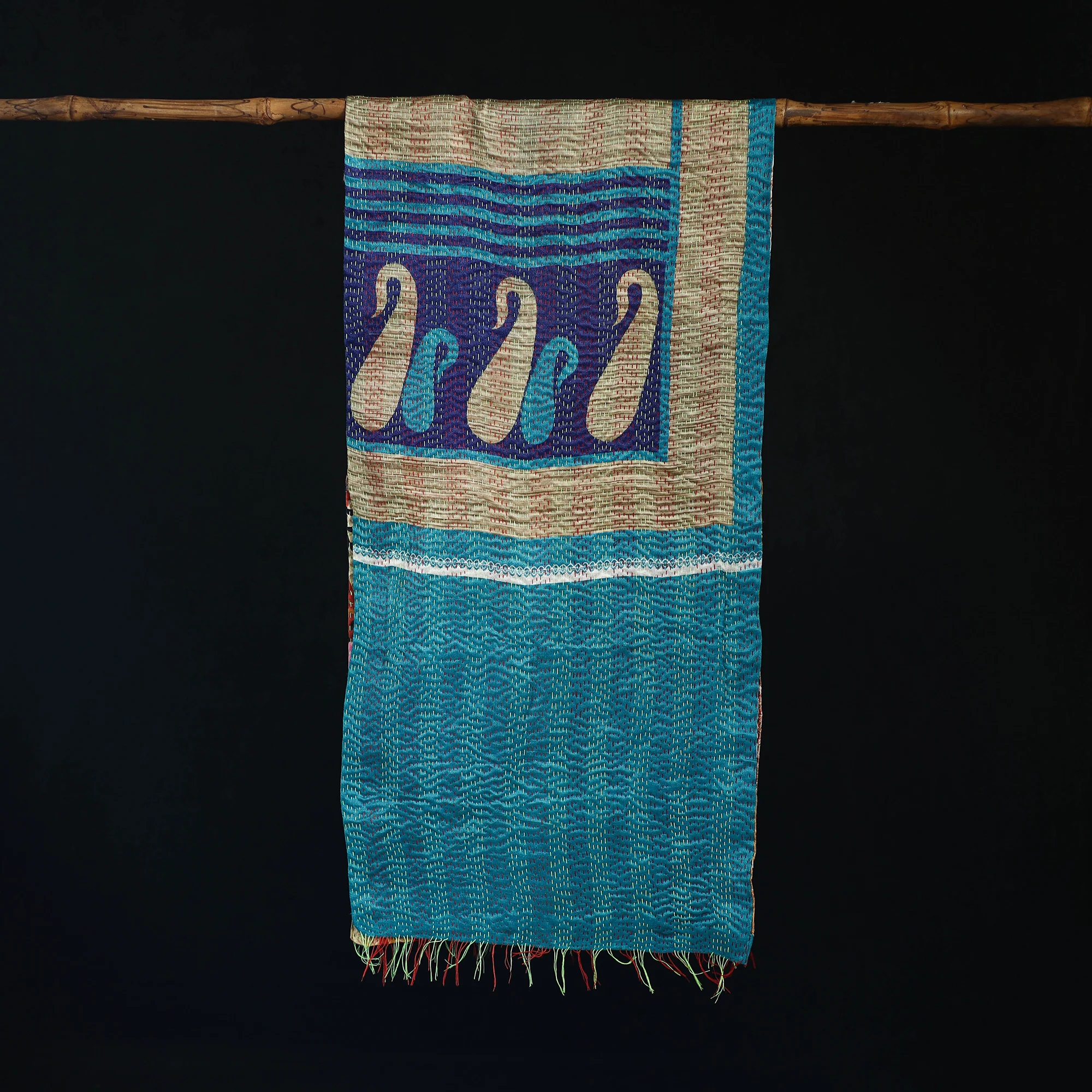 Bengal Kantha Handwork Patchwork Reversible Silk Stole 221 - Image 3