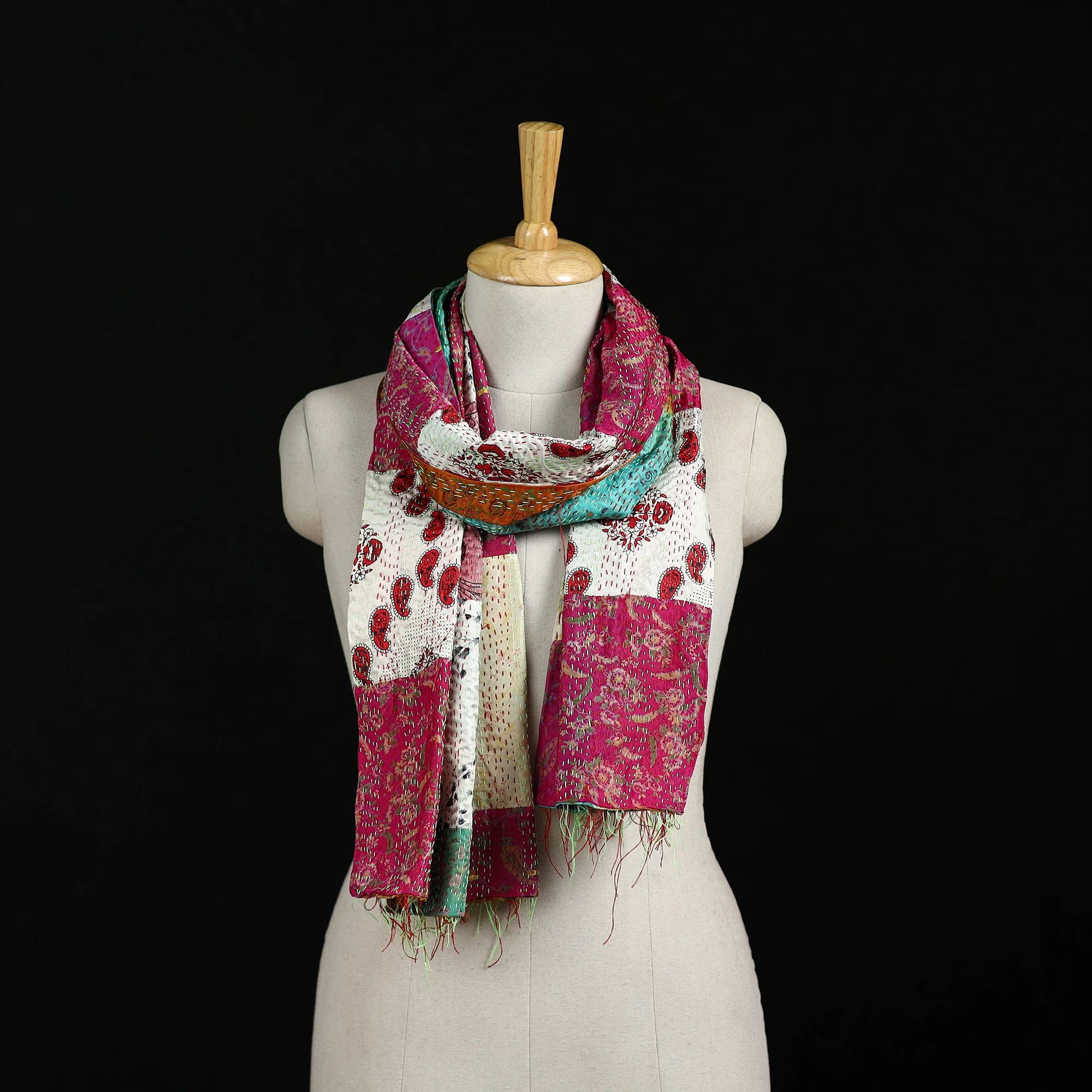 Bengal Kantha Handwork Patchwork Reversible Silk Stole 222