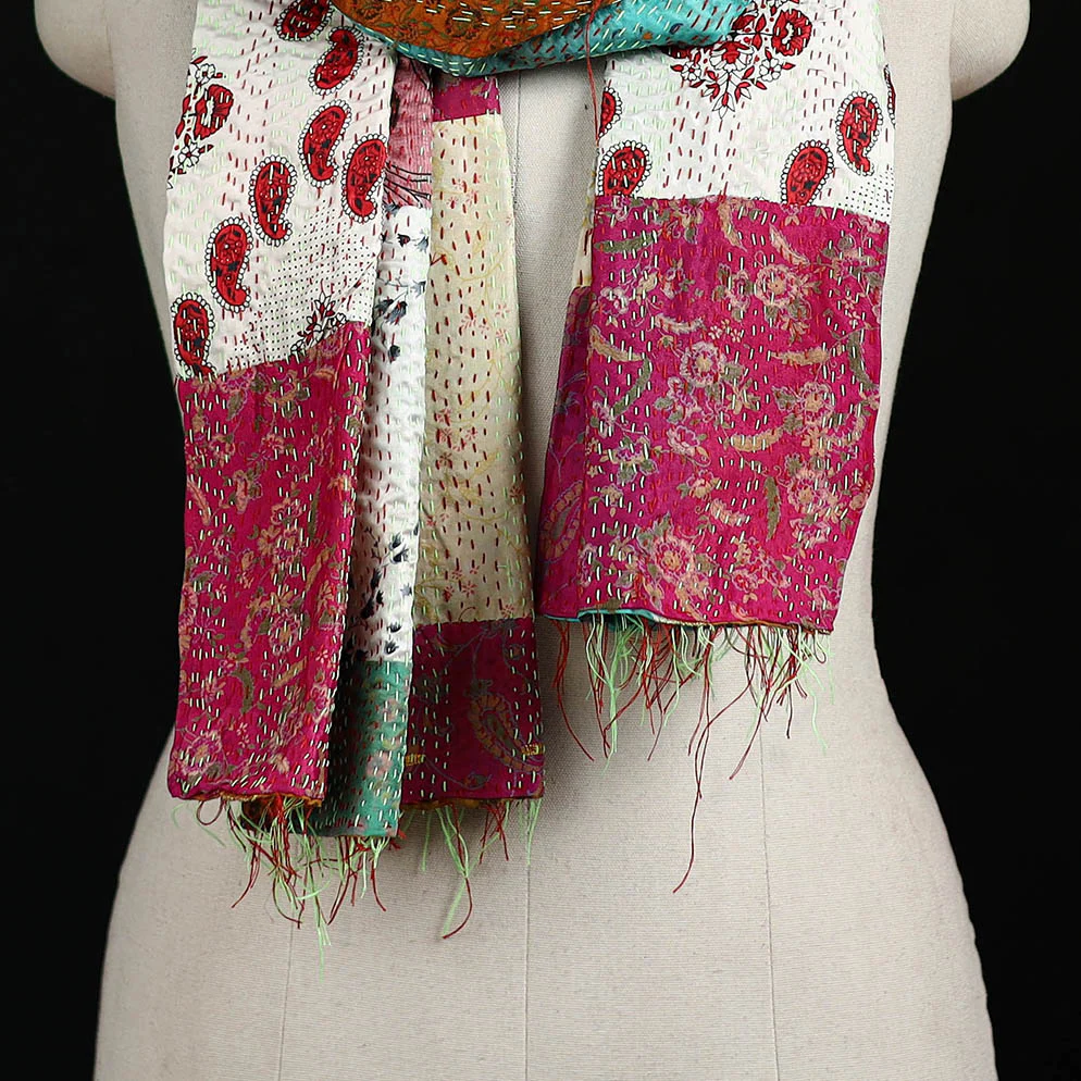 Bengal Kantha Handwork Patchwork Reversible Silk Stole 222 - Image 2