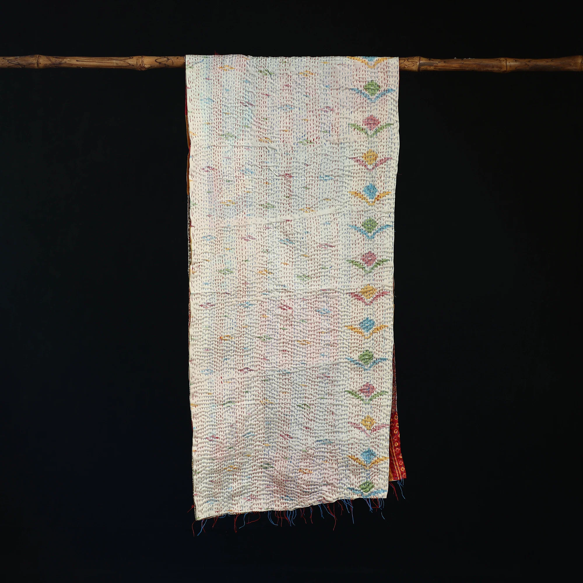 Bengal Kantha Handwork Patchwork Reversible Silk Stole 224 - Image 3