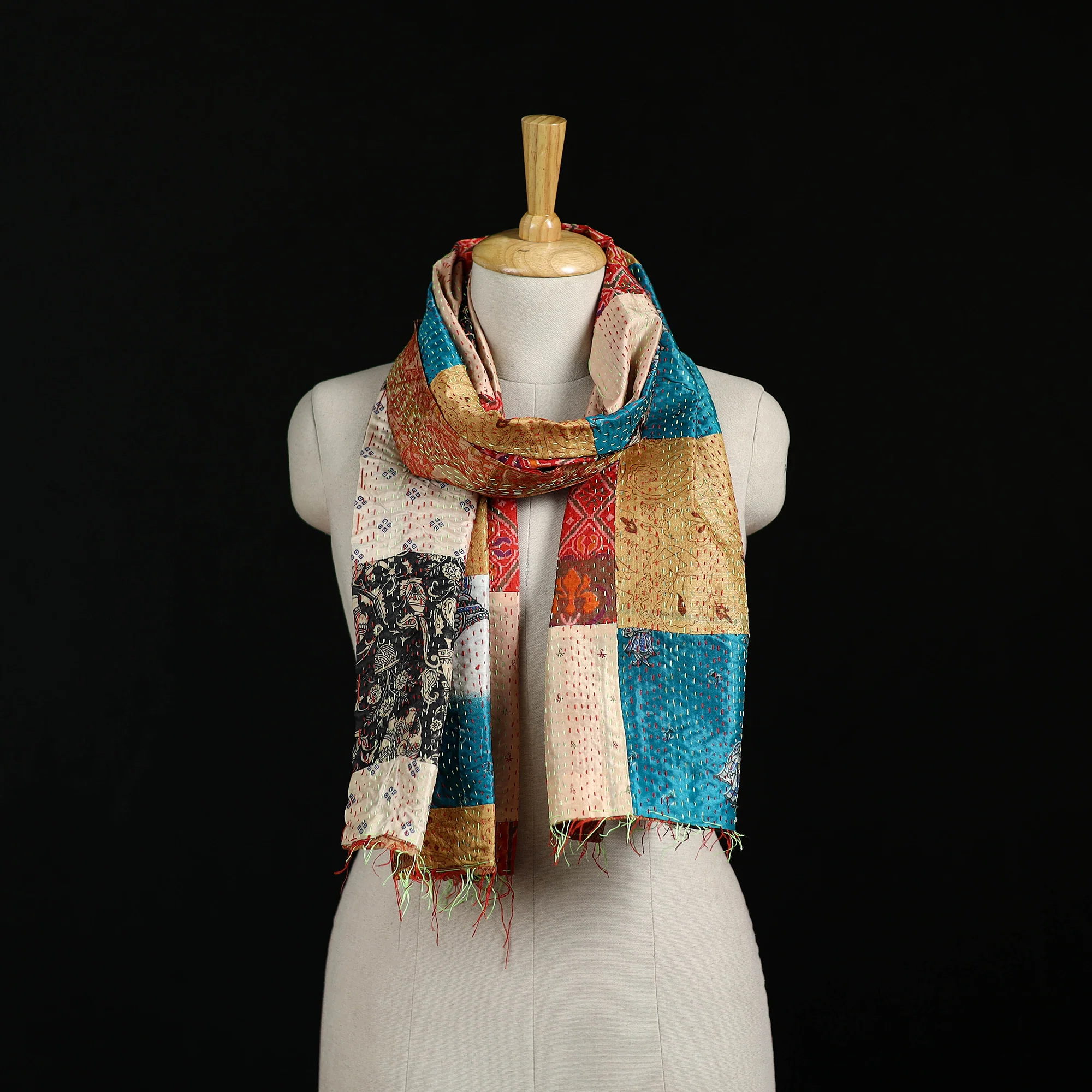 Bengal Kantha Handwork Patchwork Reversible Silk Stole 227