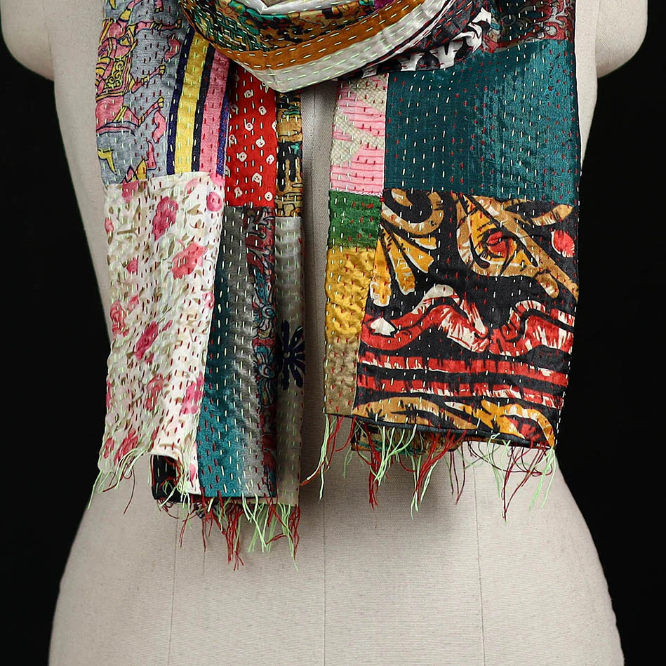 Bengal Kantha Handwork Patchwork Reversible Silk Stole 229 - Image 2