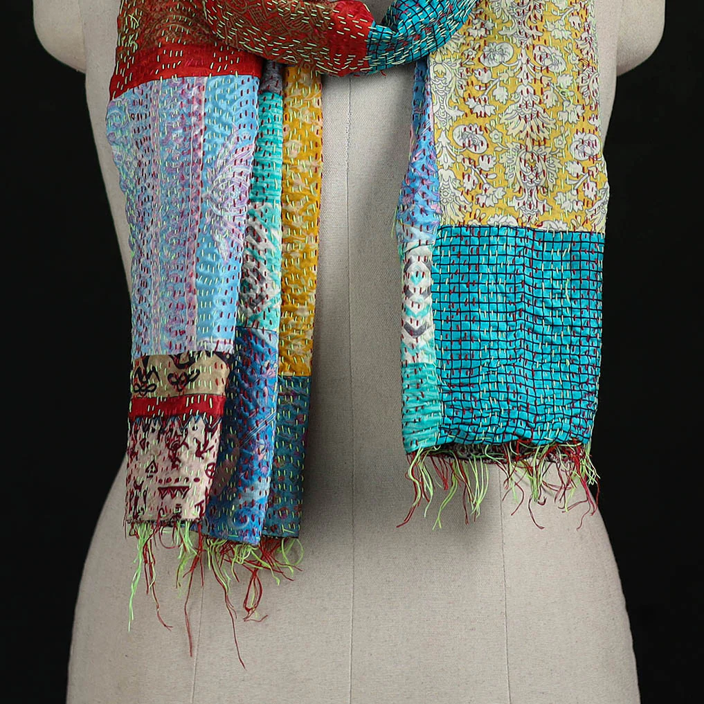 Bengal Kantha Handwork Patchwork Reversible Silk Stole 23 - Image 2
