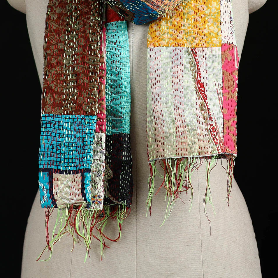 Bengal Kantha Handwork Patchwork Reversible Silk Stole 231 - Image 2