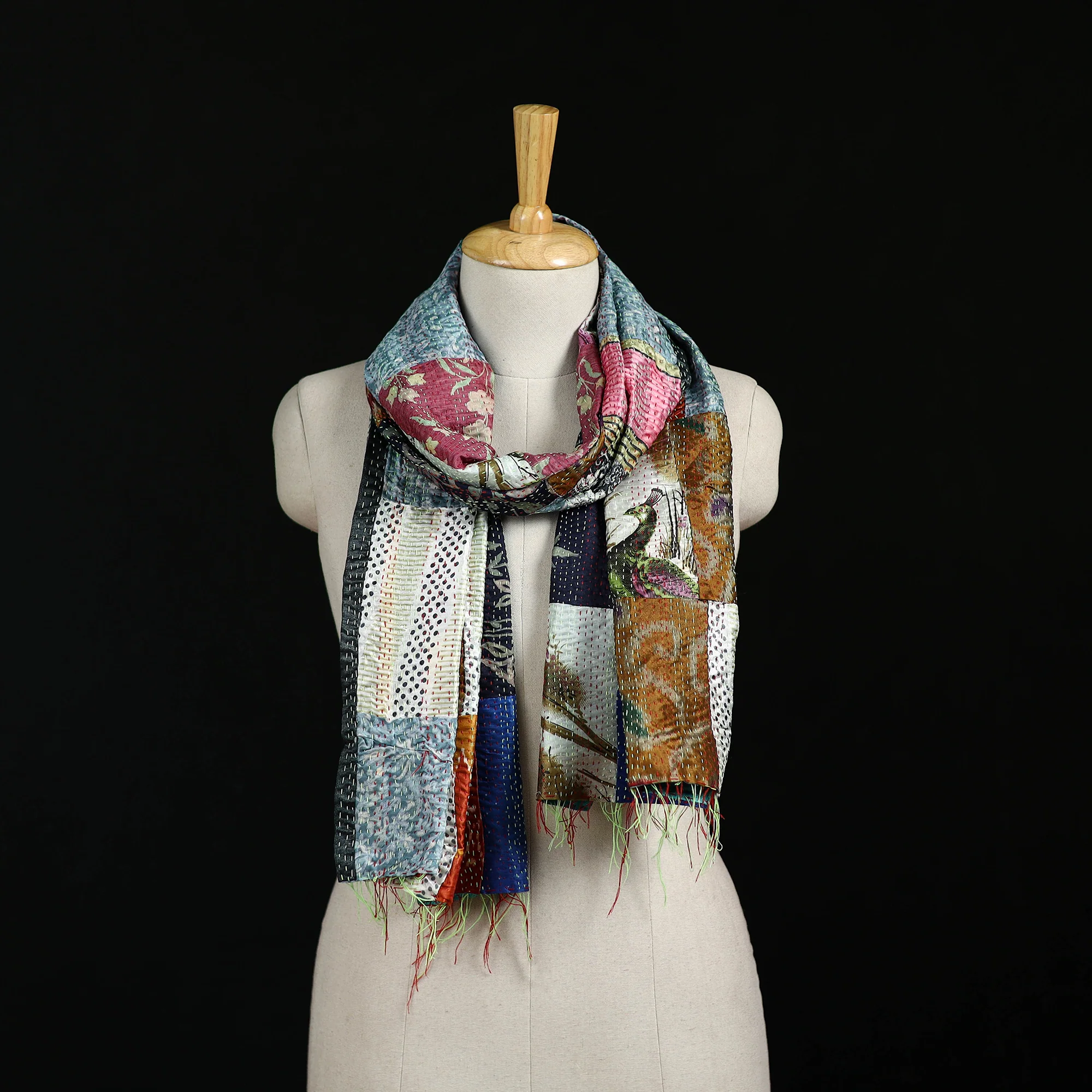 Bengal Kantha Handwork Patchwork Reversible Silk Stole 237