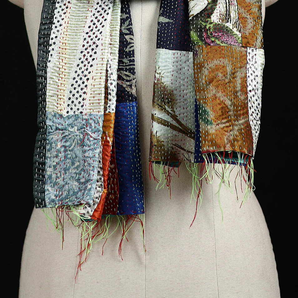 Bengal Kantha Handwork Patchwork Reversible Silk Stole 237 - Image 2