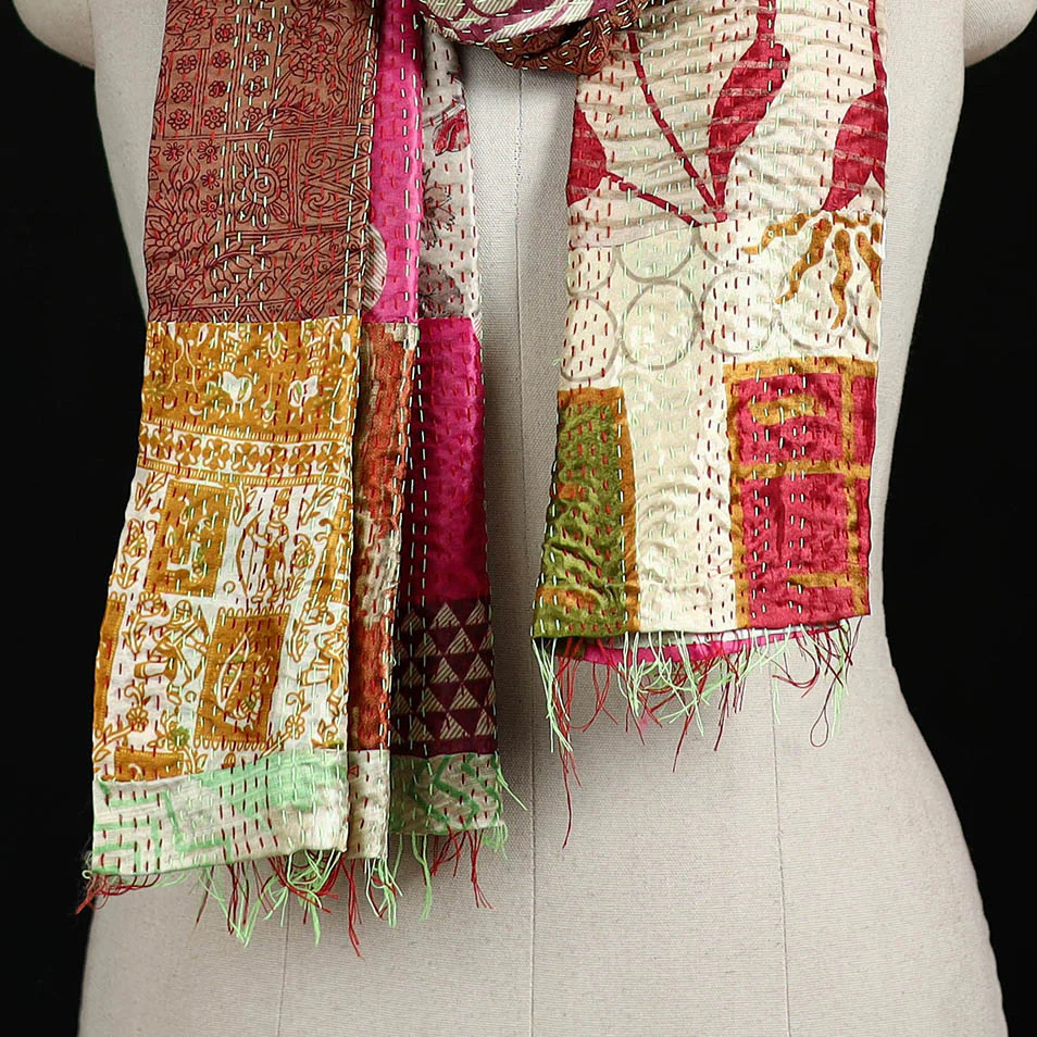 Bengal Kantha Handwork Patchwork Reversible Silk Stole 238 - Image 2