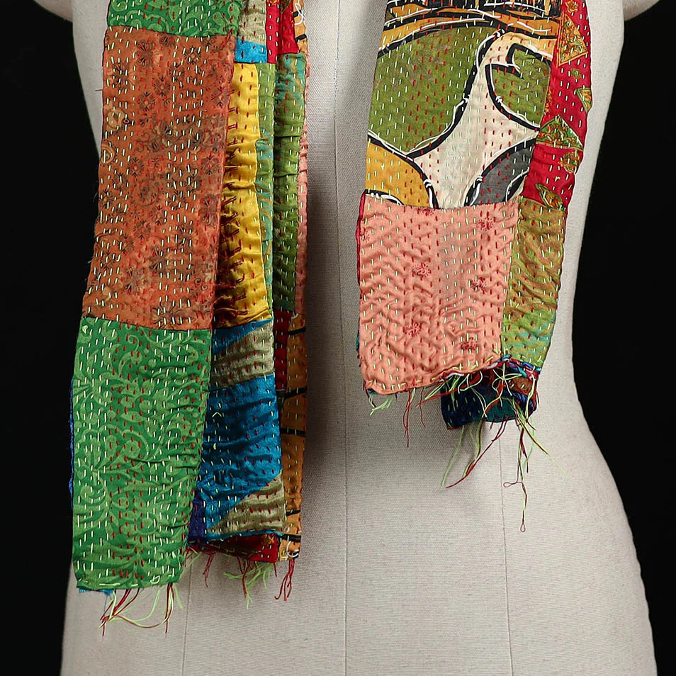 Bengal Kantha Handwork Patchwork Reversible Silk Stole 239 - Image 2