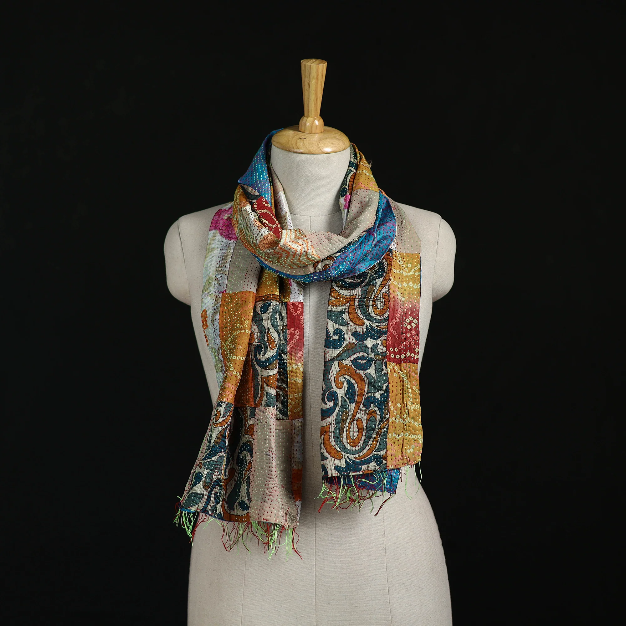 Bengal Kantha Handwork Patchwork Reversible Silk Stole 24