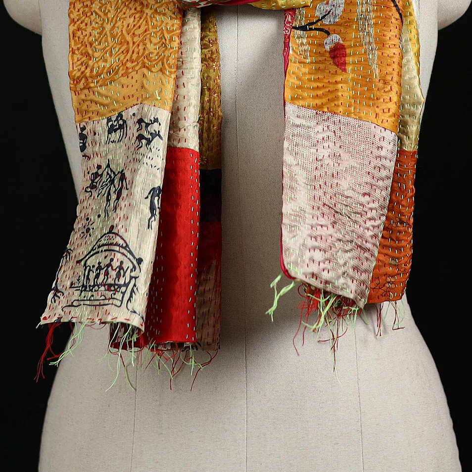Bengal Kantha Handwork Patchwork Reversible Silk Stole 241 - Image 2