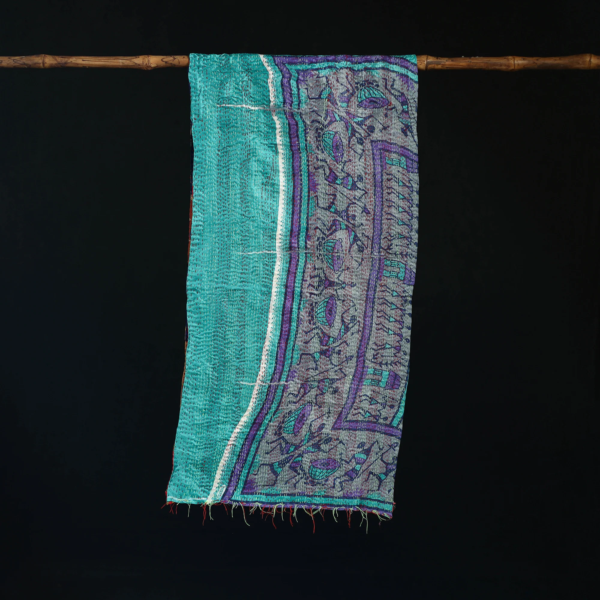 Bengal Kantha Handwork Patchwork Reversible Silk Stole 242 - Image 3