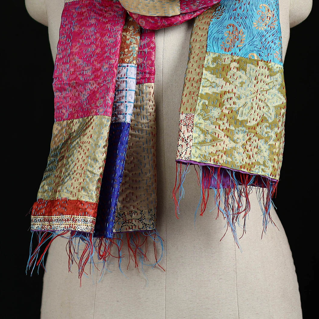 Bengal Kantha Handwork Patchwork Reversible Silk Stole 247 - Image 2