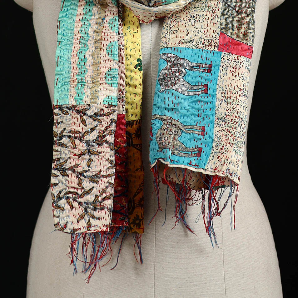 Bengal Kantha Handwork Patchwork Reversible Silk Stole 248 - Image 2