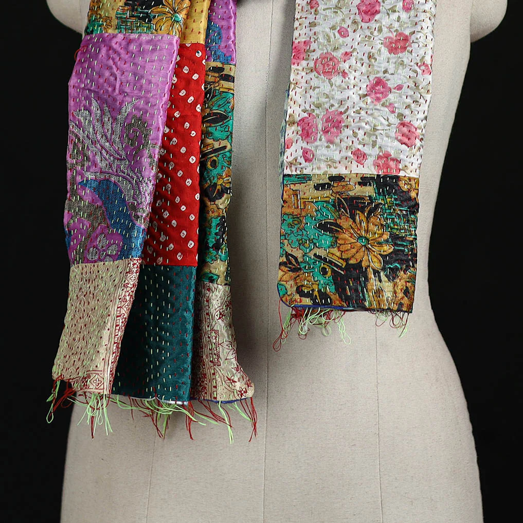 Bengal Kantha Handwork Patchwork Reversible Silk Stole 25 - Image 2