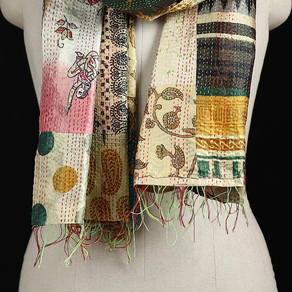 Bengal Kantha Handwork Patchwork Reversible Silk Stole 254 - Image 2